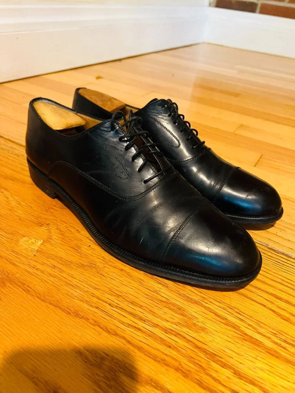 Salvatore Ferragamo Black Leather Cap Toe Oxford Dress Shoes US 10 Made in Italy